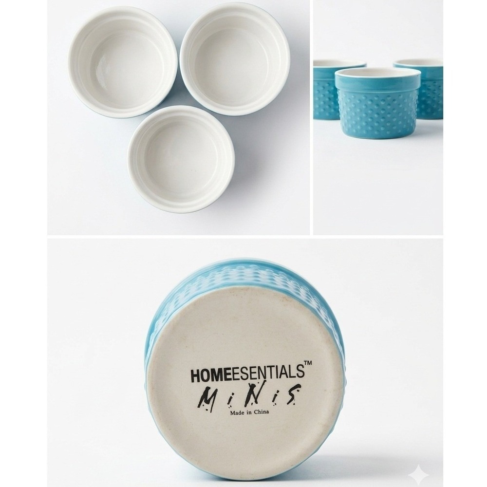 HomeEssentials Minis Blue Textured Ceramic Ramekins Set of 3 3.5oz Baking Dishes - Picture 3 of 3